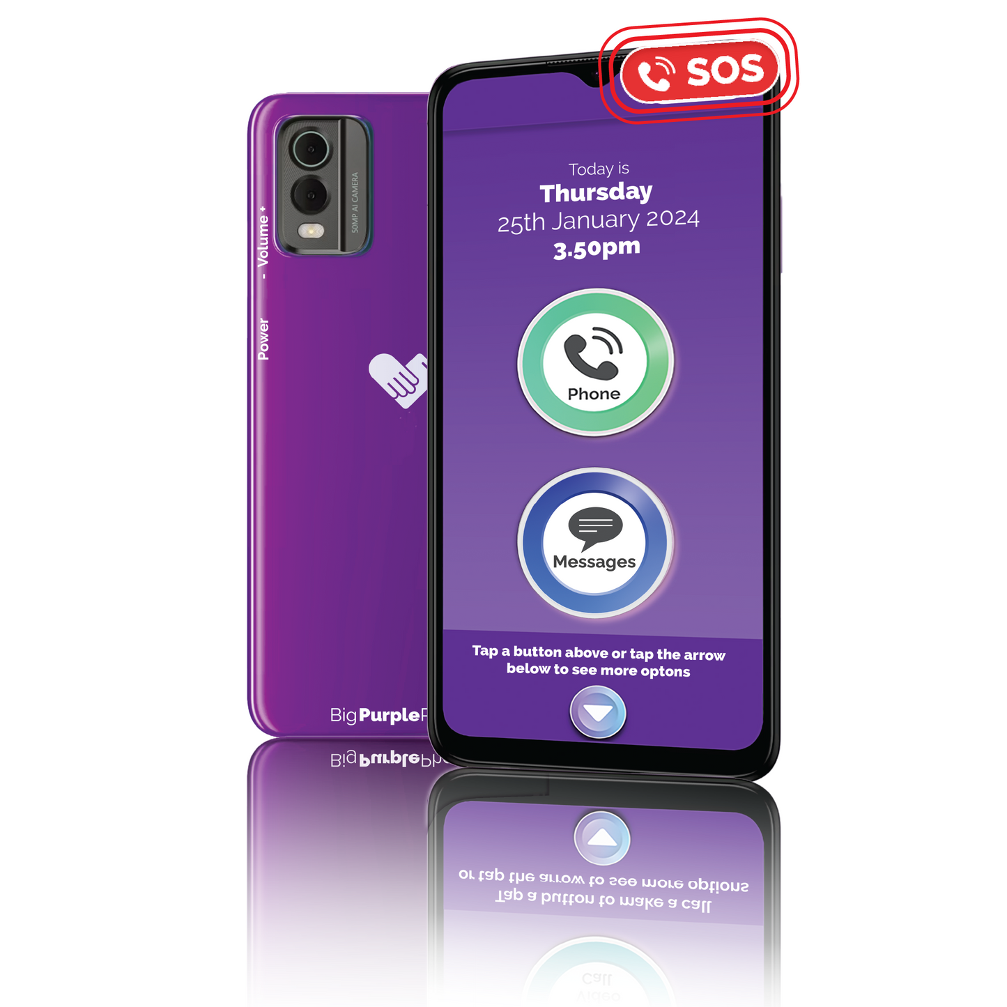 An image of the BigPurplePhone Talk&Text Edition showing the front and back of the phone. Both are purple. The front has an SOS button top right, then looking down the screen it has date and time, then a a large (about 4cm side) icon for making a phone call, then another icon the same size for sending a text message.