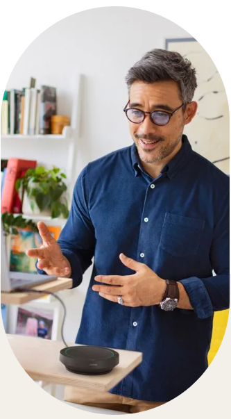 Customer demonstrating Jabra Speak2 55 speaker—great for clear sound and easy use with BigPurplePhone.