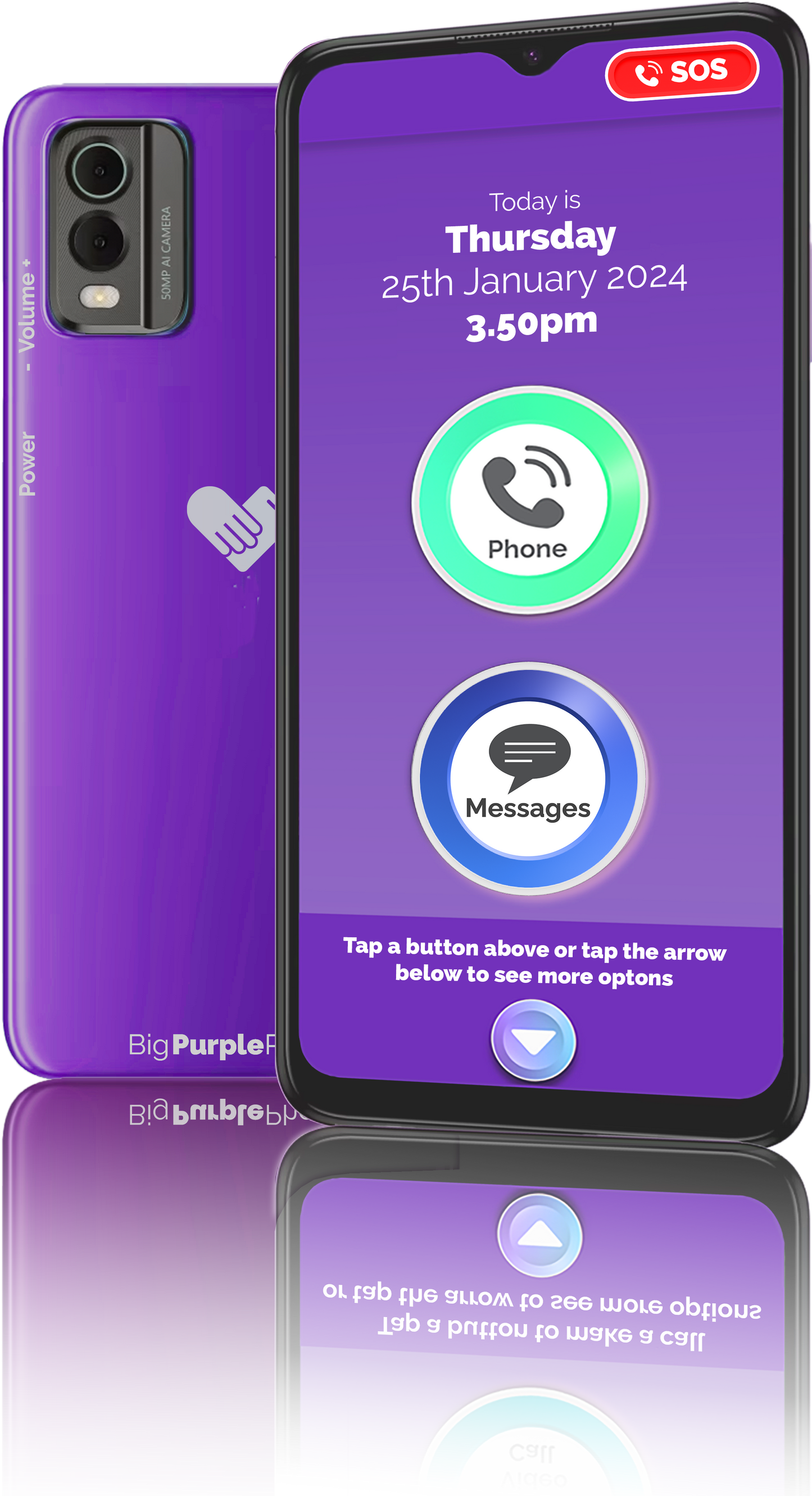 BigPurplePhone Talk&Text Edition showing on the phone screen from top to bottom: SOS button, date and time, large phone icon and messages icon. it also shows the reverse of the camer which is purple and has a double camera and a flash. The side has a volume button up and down, and the Power button.
