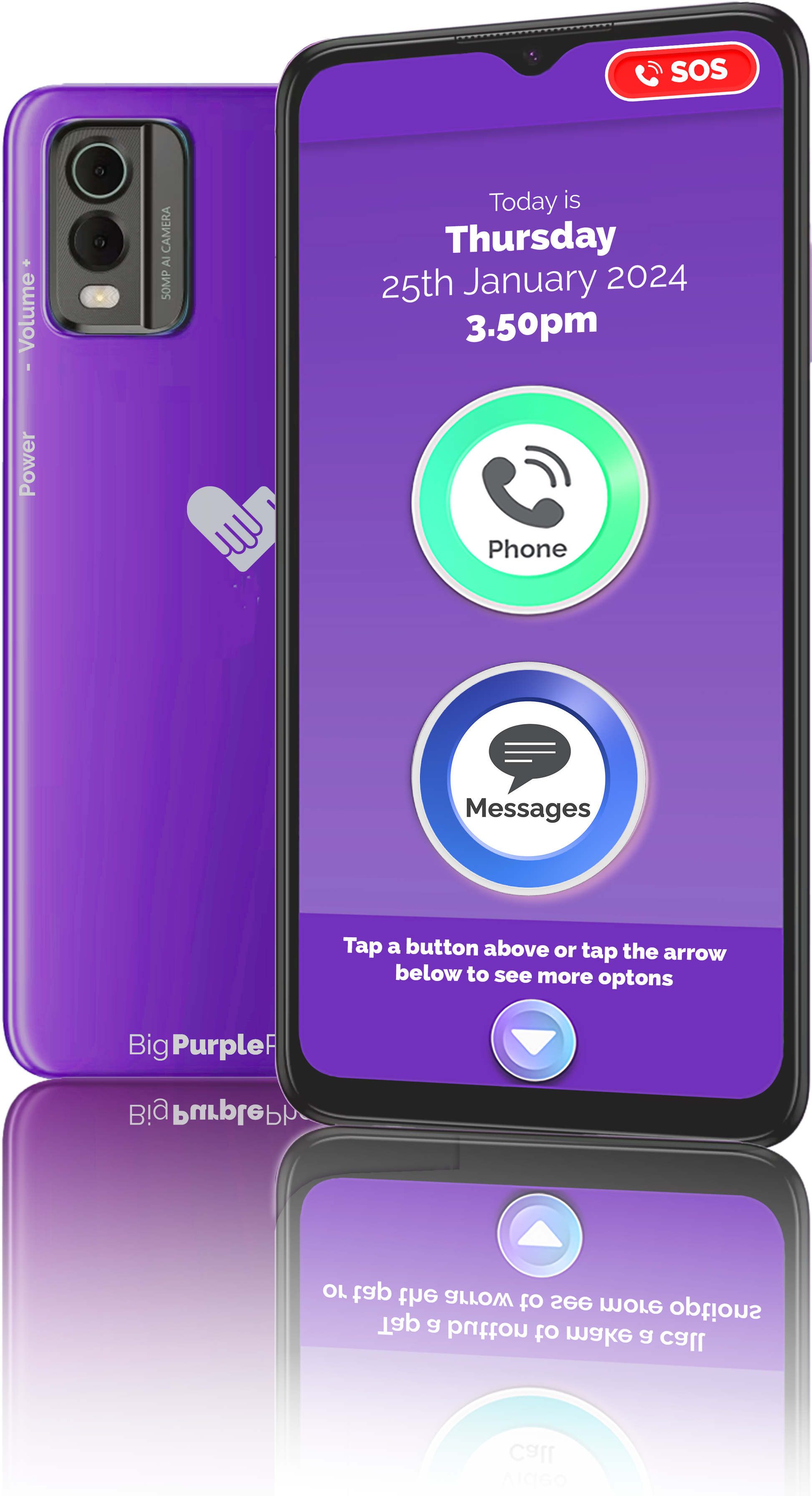 BigPurplePhone Talk&Text Edition showing on the phone screen from top to bottom: SOS button, date and time, large phone icon and messages icon. it also shows the reverse of the camer which is purple and has a double camera and a flash. The side has a volume button up and down, and the Power button.